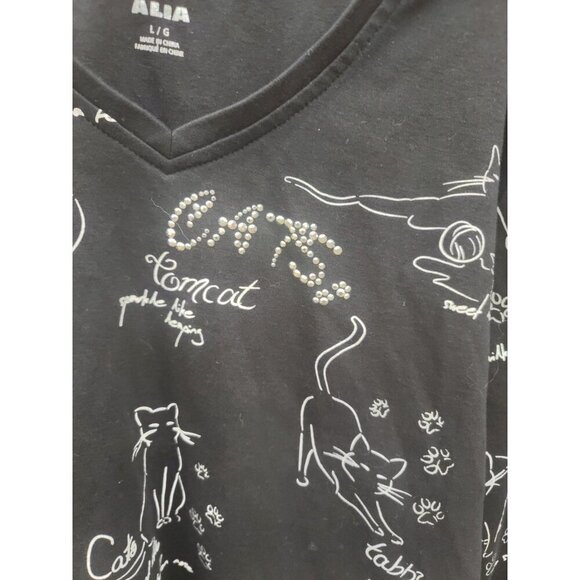 Alia Womens Top Cat Lovers Print with Rhinestones Size L - Picture 3 of 6